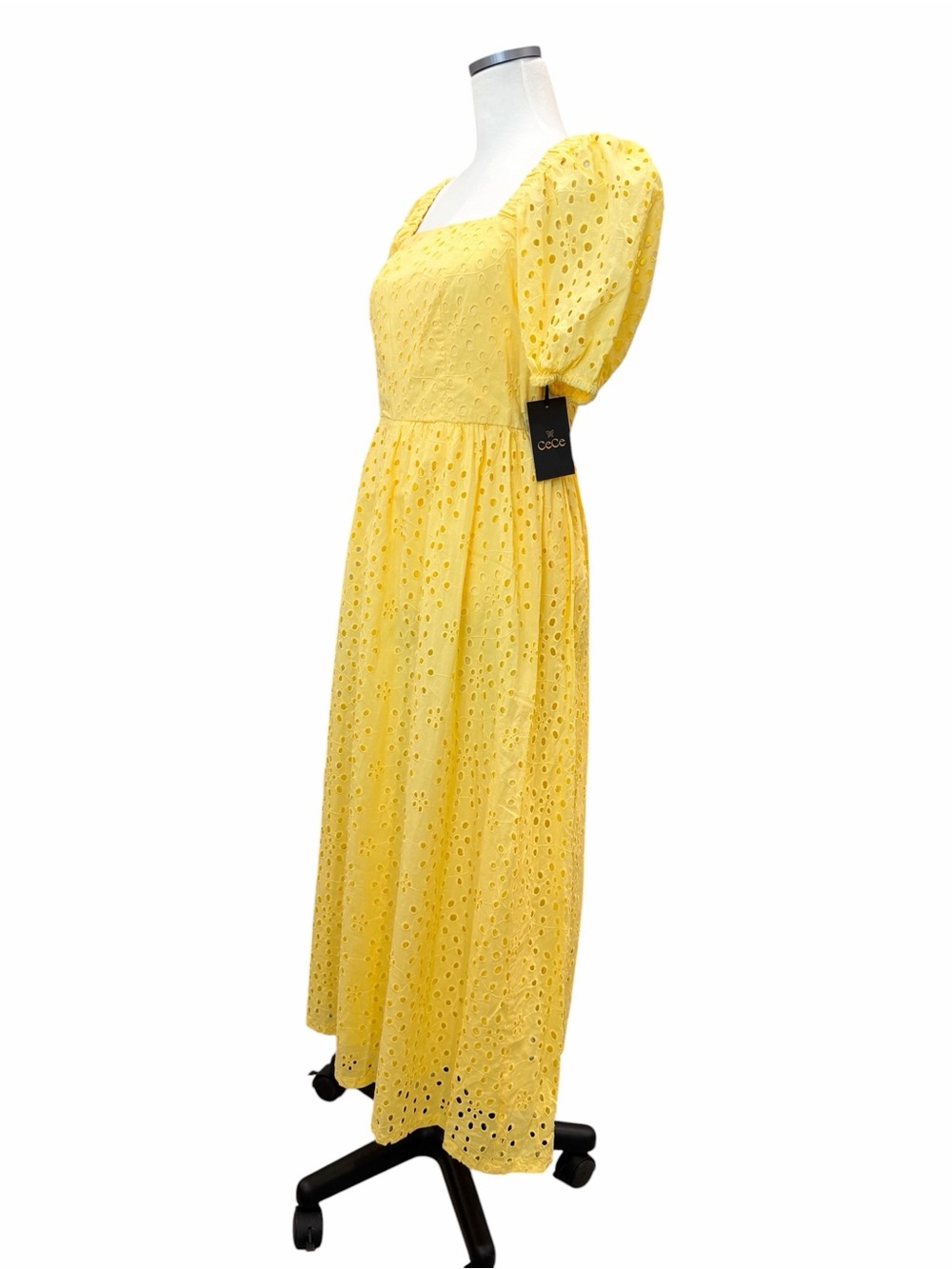 CeCe Eyelet Cotton Midi Dress Square Neck Smocked Puff Sleeve Yellow Small NWT - Picture 4 of 15